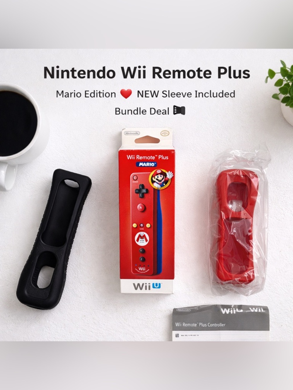 Nintendo Wii Remote Plus Mario Red + Black Silicone Covers Bundle